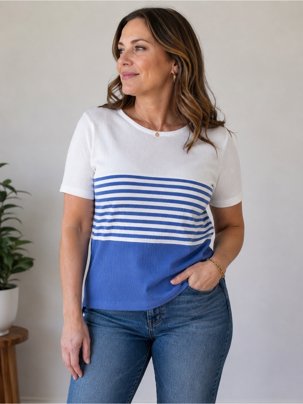 Vintage Eccobay Large Blue White Striped Colorblock Ribbed Top 90s